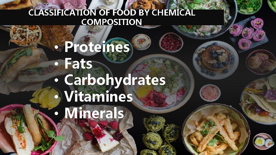 CLASSIFICATION OF FOOD BY CHEMICAL COMPOSITION • • • Proteines Fats Carbohydrates Vitamines Minerals