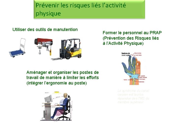 Prévenir les risques liés l’activité physique Utiliser des outils de manutention Former le personnel