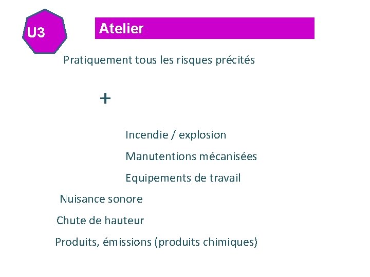 U 3 Atelier Pratiquement tous les risques précités + Incendie / explosion Manutentions mécanisées