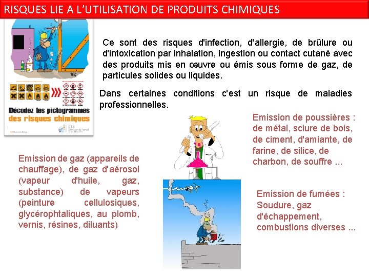 RISQUES LIE A L’UTILISATION DE PRODUITS CHIMIQUES Ce sont des risques d'infection, d'allergie, de