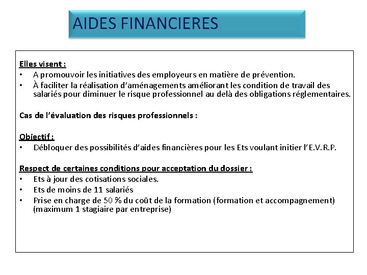 AIDES FINANCIERES Elles visent : • A promouvoir les initiatives des employeurs en matière