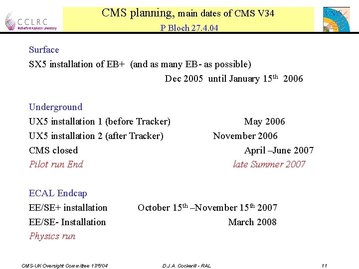 CMS planning, main dates of CMS V 34 P Bloch 27. 4. 04 Surface