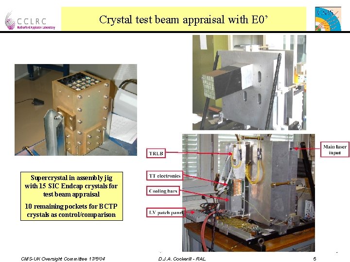 Crystal test beam appraisal with E 0’ Supercrystal in assembly jig with 15 SIC