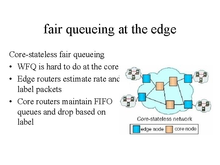 fair queueing at the edge Core-stateless fair queueing • WFQ is hard to do