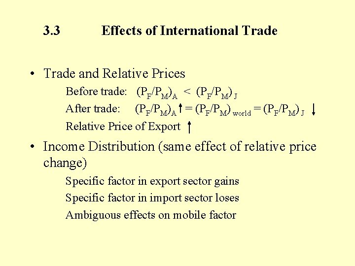 3. 3 Effects of International Trade • Trade and Relative Prices Before trade: (PF/PM)A