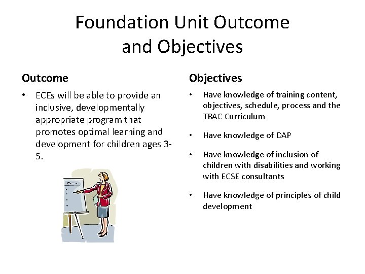 Foundation Unit Outcome and Objectives Outcome Objectives • ECEs will be able to provide