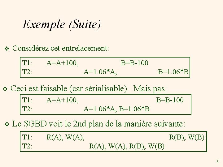 Exemple (Suite) v Considérez cet entrelacement: T 1: T 2: v B=B-100 A=1. 06*A,