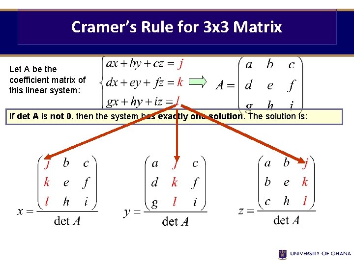 Cramer’s Rule for 3 x 3 Matrix Let A be the coefficient matrix of