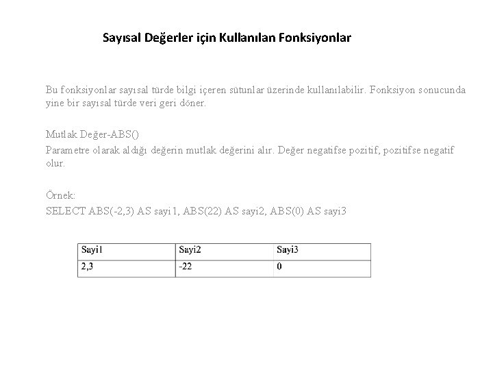Sayısal Değerler için Kullanılan Fonksiyonlar Bu fonksiyonlar sayısal türde bilgi içeren sütunlar üzerinde kullanılabilir.