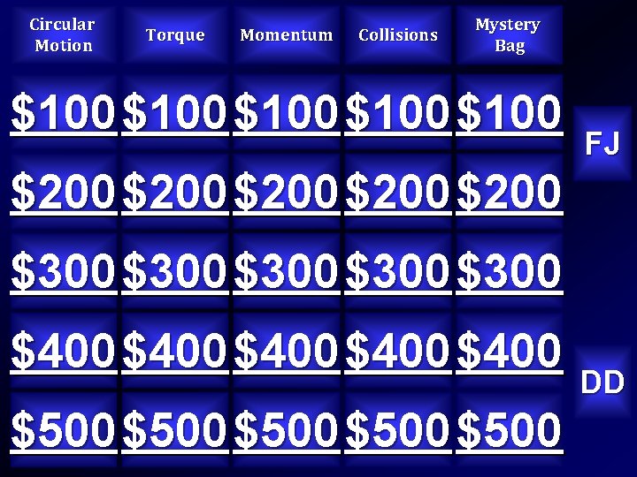 Circular Motion Torque Momentum Collisions Mystery Bag $100 $100 FJ $200 $200 $300 $300