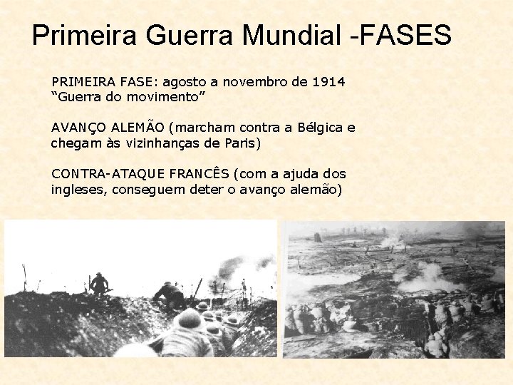 Primeira Guerra Mundial -FASES PRIMEIRA FASE: agosto a novembro de 1914 “Guerra do movimento”