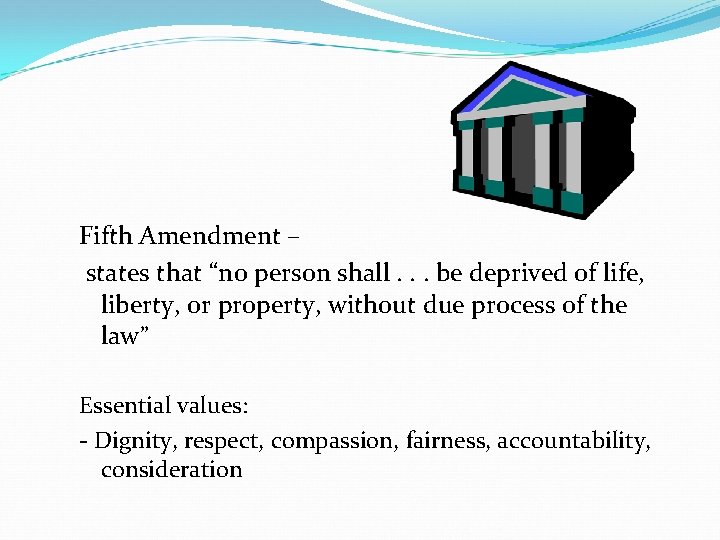 Fifth Amendment – states that “no person shall. . . be deprived of life,