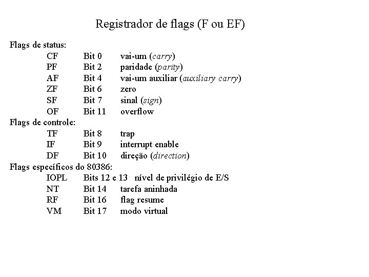 Registrador de flags (F ou EF) Flags de status: CF Bit 0 vai-um (carry)