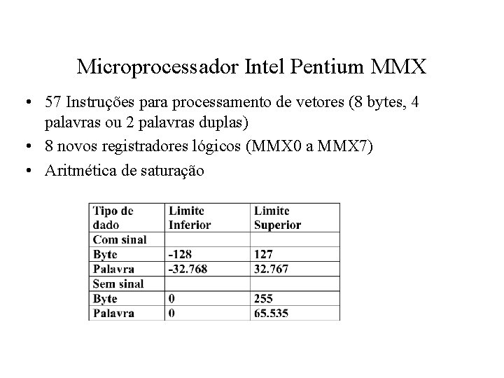 Microprocessador Intel Pentium MMX • 57 Instruções para processamento de vetores (8 bytes, 4