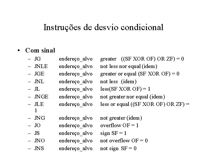 Instruções de desvio condicional • Com sinal – – – JG JNLE JGE JNL