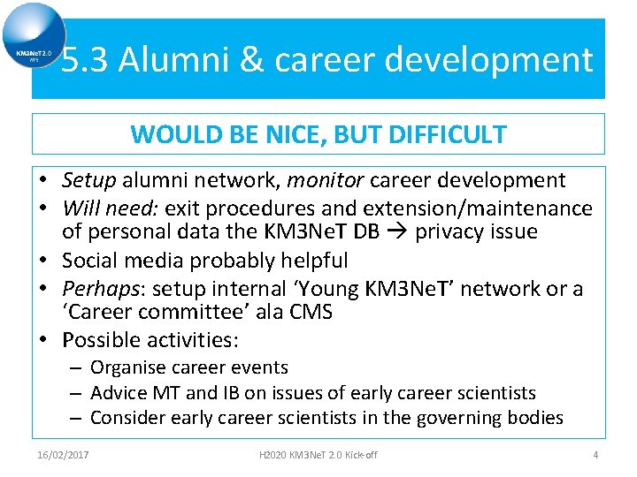 5. 3 Alumni & career development WOULD BE NICE, BUT DIFFICULT • Setup alumni