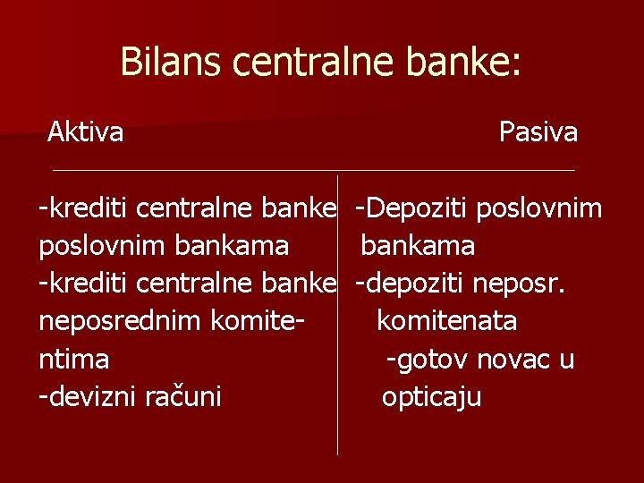 Bilans centralne banke: Aktiva -krediti centralne banke poslovnim bankama -krediti centralne banke neposrednim komitentima