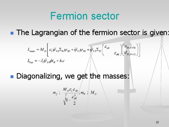 Fermion sector n The Lagrangian of the fermion sector is given: n Diagonalizing, we