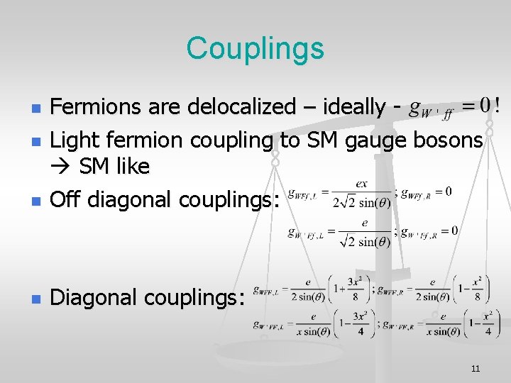 Couplings n Fermions are delocalized – ideally Light fermion coupling to SM gauge bosons