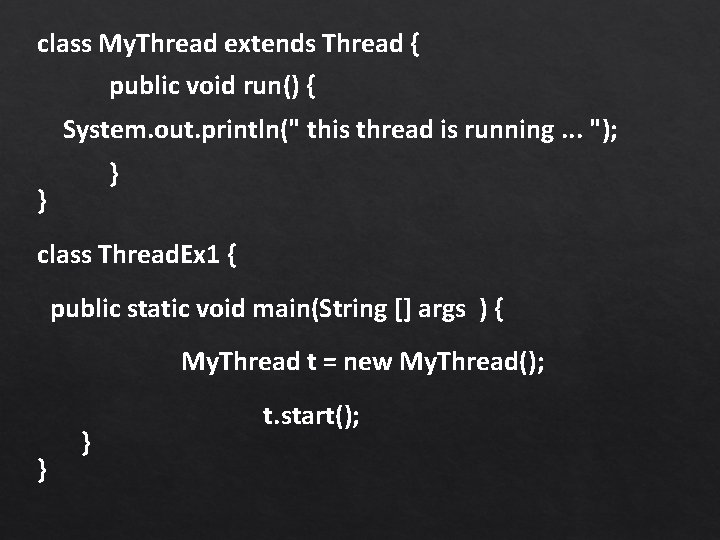 class My. Thread extends Thread { public void run() { System. out. println(" this