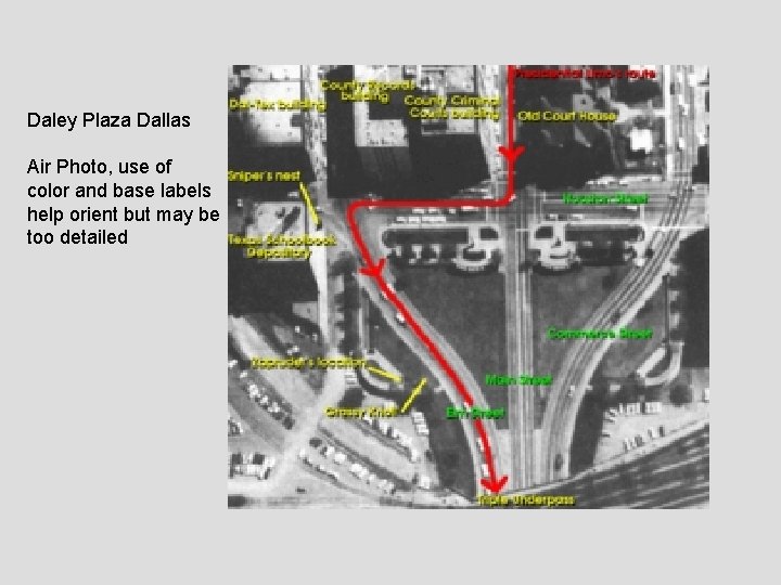 Daley Plaza Dallas Air Photo, use of color and base labels help orient but