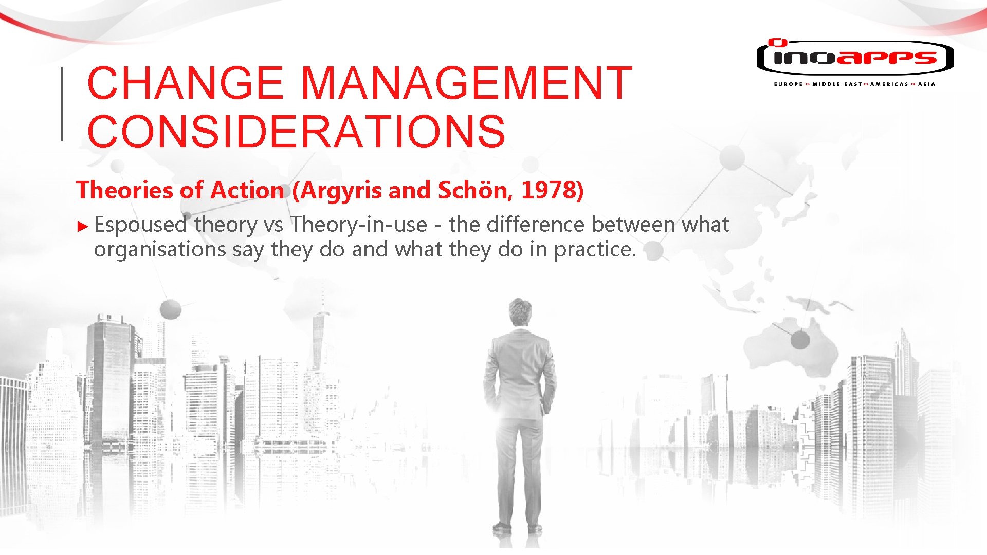 CHANGE MANAGEMENT CONSIDERATIONS Theories of Action (Argyris and Schön, 1978) ► Espoused theory vs CHANGE MANAGEMENT CONSIDERATIONS Theories of Action (Argyris and Schön, 1978) ► Espoused theory vs