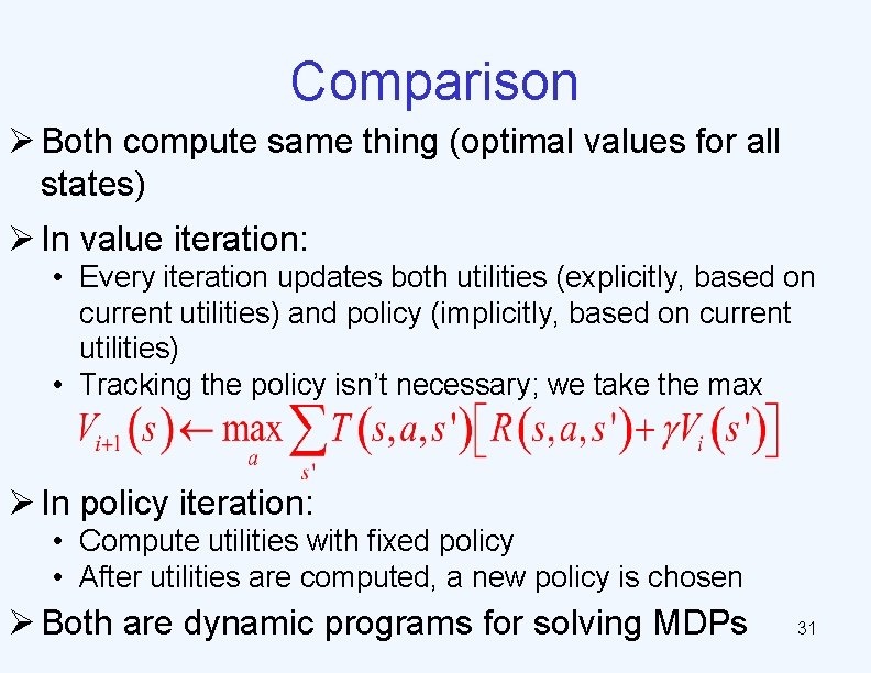 Comparison Ø Both compute same thing (optimal values for all states) Ø In value