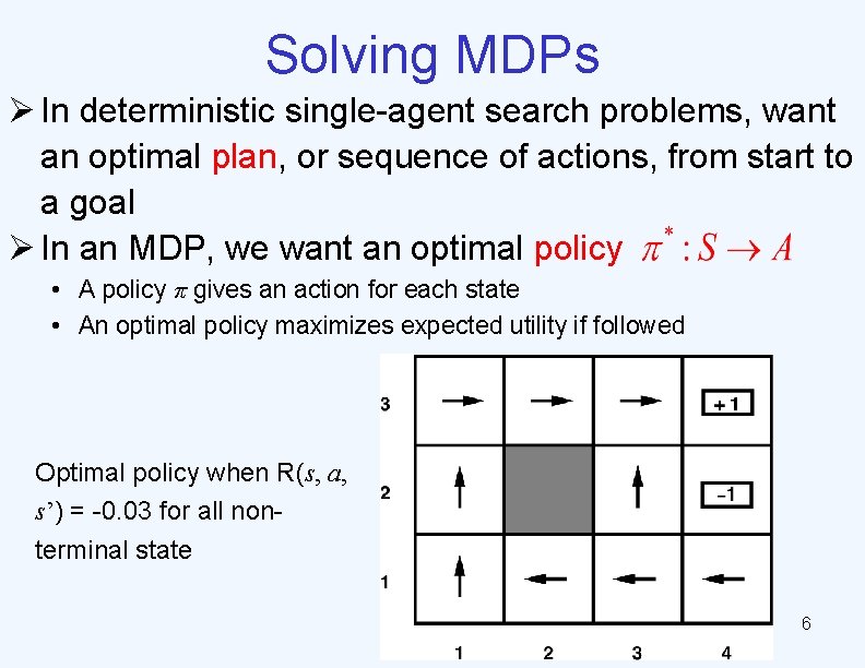 Solving MDPs Ø In deterministic single-agent search problems, want an optimal plan, or sequence