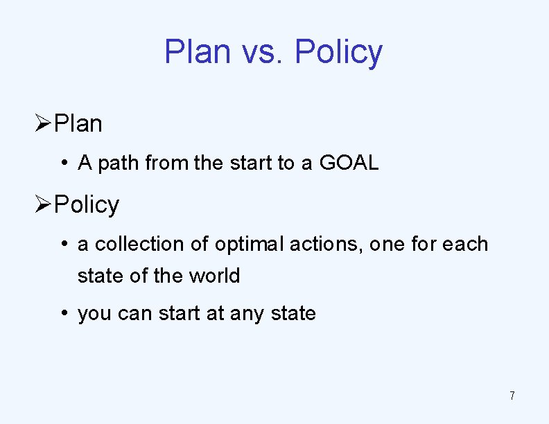 Plan vs. Policy ØPlan • A path from the start to a GOAL ØPolicy