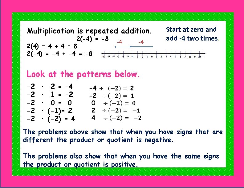 Multiplication is repeated addition. 2(-4) = -8 2(4) = 4 + 4 = 8