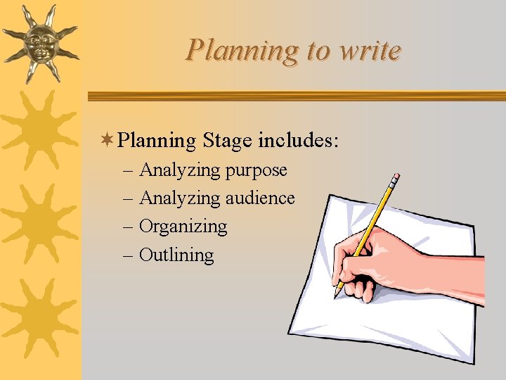 Planning to write ¬Planning Stage includes: – Analyzing purpose – Analyzing audience – Organizing