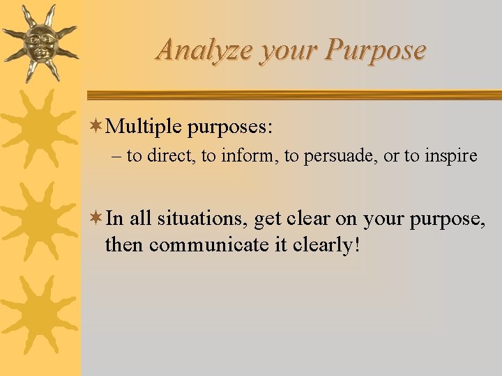 Analyze your Purpose ¬Multiple purposes: – to direct, to inform, to persuade, or to