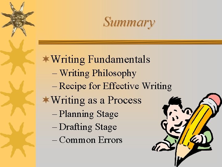 Summary ¬Writing Fundamentals – Writing Philosophy – Recipe for Effective Writing ¬Writing as a