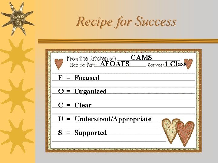 Recipe for Success AFOATS CAMS F = Focused O = Organized C = Clear