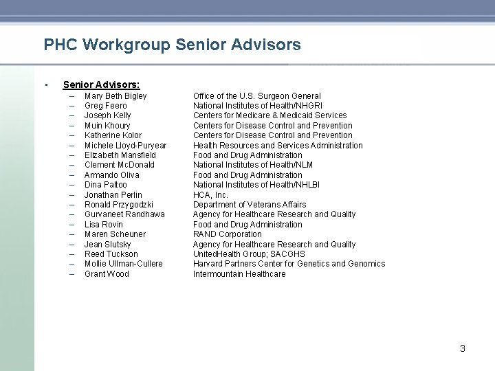 PHC Workgroup Senior Advisors • Senior Advisors: – – – – – Mary Beth