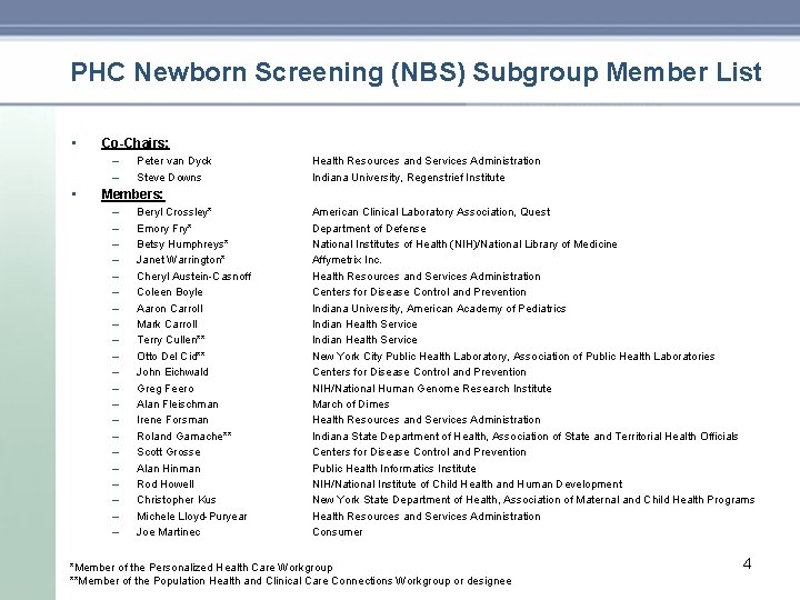 PHC Newborn Screening (NBS) Subgroup Member List • Co-Chairs: – – • Peter van