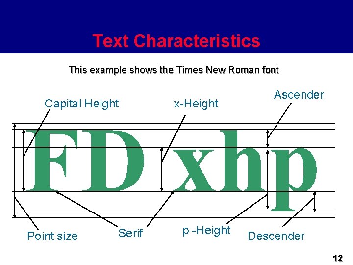 Text Characteristics This example shows the Times New Roman font Capital Height x-Height Ascender