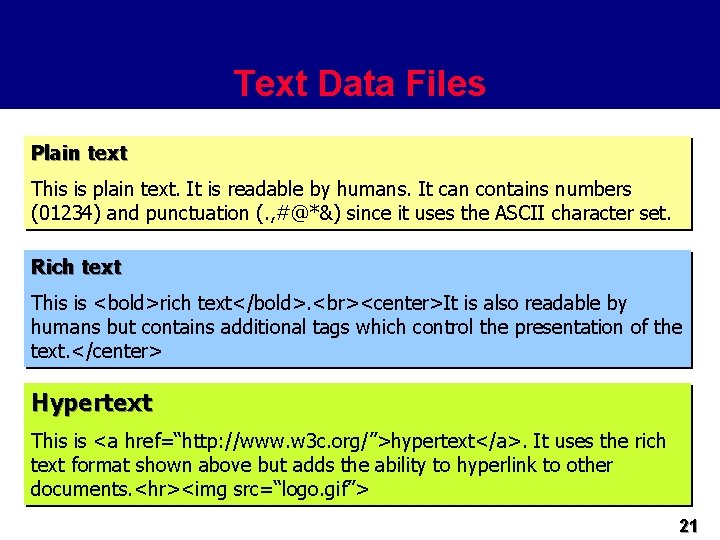 Text Data Files Plain text This is plain text. It is readable by humans.