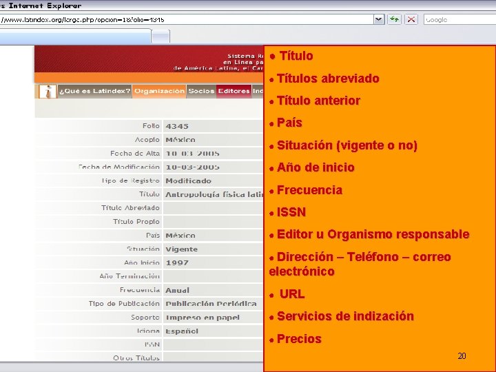 ● Títulos ● Título abreviado anterior ● País ● Situación ● Año (vigente o