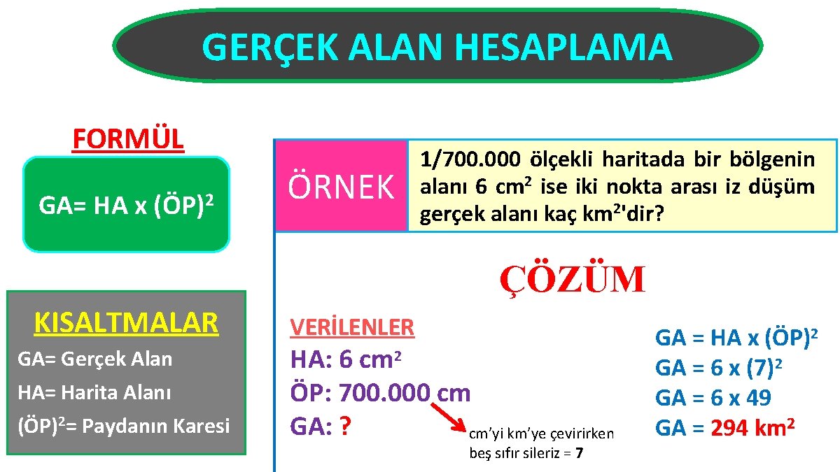 GERÇEK ALAN HESAPLAMA FORMÜL GA= HA x (ÖP)2 ÖRNEK 1/700. 000 ölçekli haritada bir