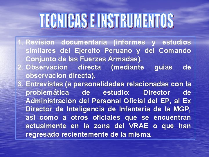 1. Revision documentaria (informes y estudios similares del Ejercito Peruano y del Comando Conjunto