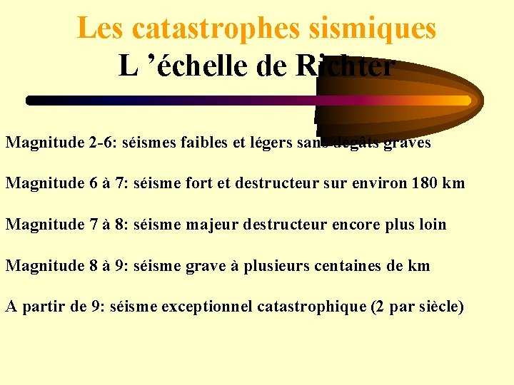 Les catastrophes sismiques L ’échelle de Richter Magnitude 2 -6: séismes faibles et légers