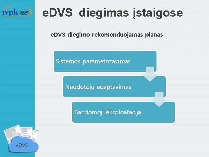 e. DVS diegimas įstaigose e. DVS diegimo rekomenduojamas planas Sistemos parametrizavimas Naudotojų adaptavimas Bandomoji