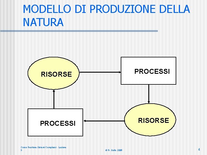 MODELLO DI PRODUZIONE DELLA NATURA RISORSE PROCESSI RISORSE Corso Gestione Sistemi Complessi - Lezione