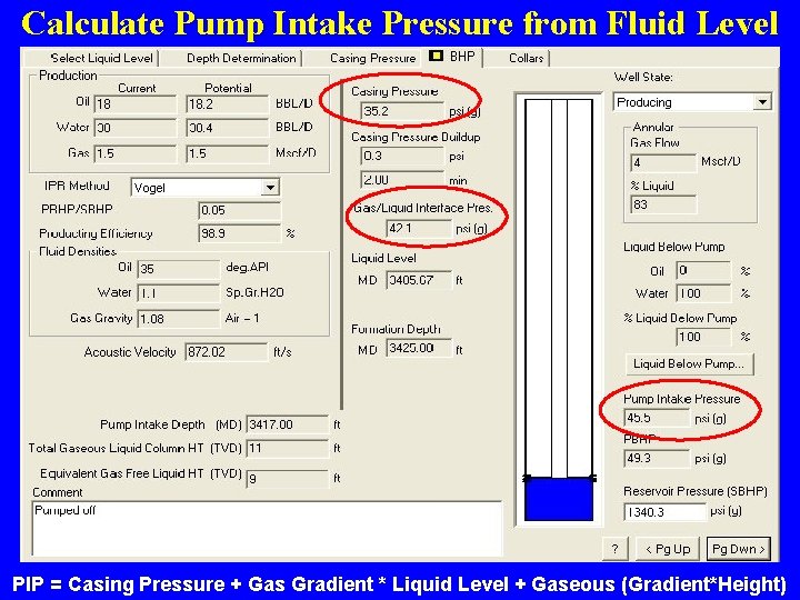 Calculate Pump Intake Pressure from Fluid Level PIP = Casing Pressure + Gas Gradient