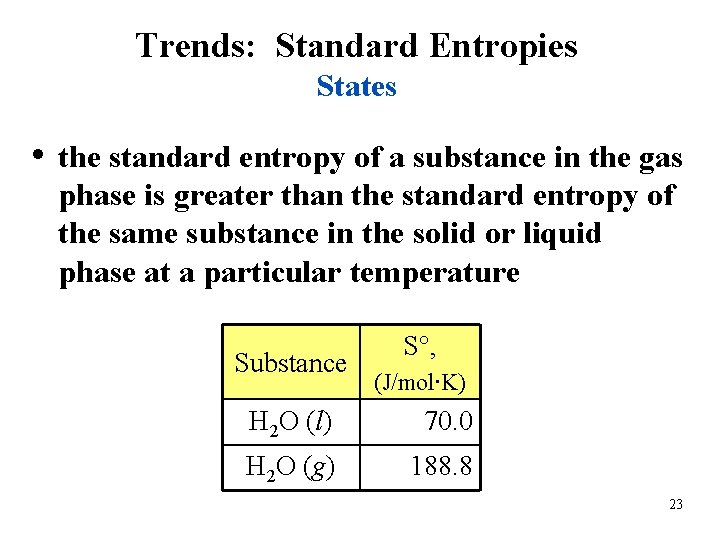 Trends: Standard Entropies States • the standard entropy of a substance in the gas