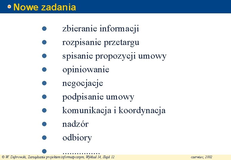 Nowe zadania l l l l l zbieranie informacji rozpisanie przetargu spisanie propozycji umowy