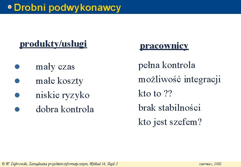 Drobni podwykonawcy produkty/usługi l l mały czas małe koszty niskie ryzyko dobra kontrola ©