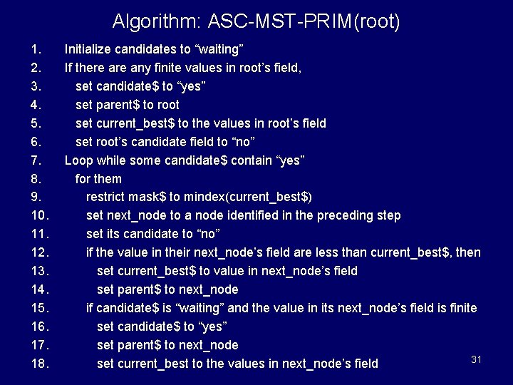 Algorithm: ASC-MST-PRIM(root) 1. 2. 3. 4. 5. 6. 7. 8. 9. 10. 11. 12.