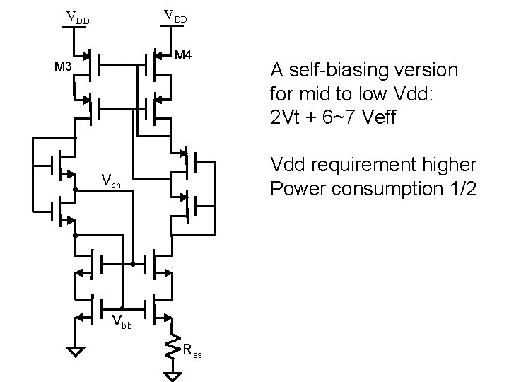 VDD M 4 M 3 A self-biasing version for mid to low Vdd: 2